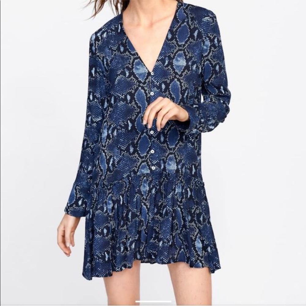 Zara Blue Snake Skin Print Long Sleeve Dress